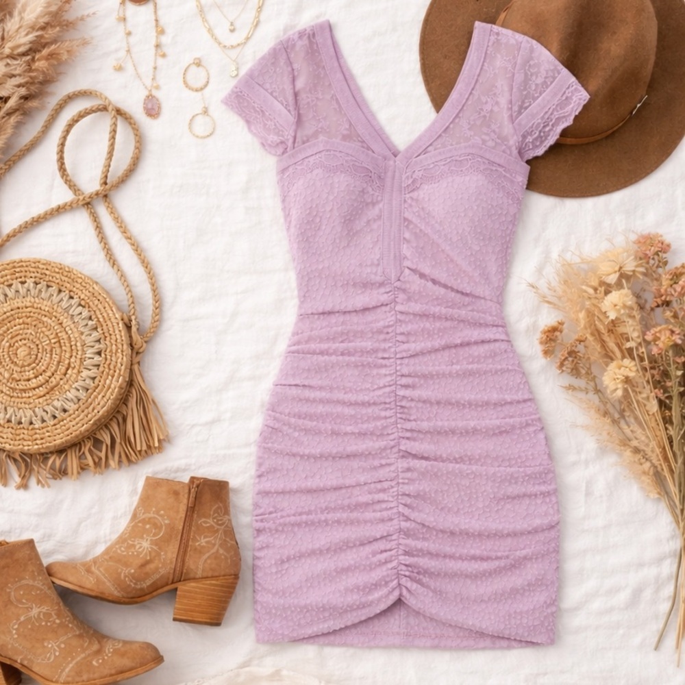 Free People Lace Envy Purple Pink  Bodycon Mini Dress Size Medium